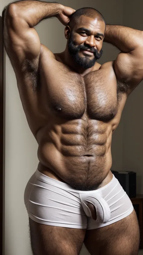 Extremely muscular, very hairy, rugged African daddy flexing his arms ((Sweaty)) ((Hairy)) ((Thick, full, curly black body hair all over)) ((Thick, excessive black chest hair)) ((Curly, full chest and torso hair)) ((Thick, full, happy trail of hair all ove...