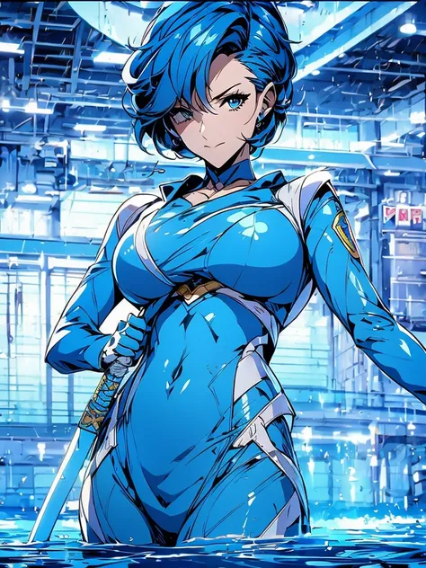 Sailor mercury in full police  suit,long blue hair,Blue Power Ranger, hurricane ,Sexy goth woman big breast, character sheet,inside a pool,High Resolution, Large breasts, cyber samurai,ice swords
￼