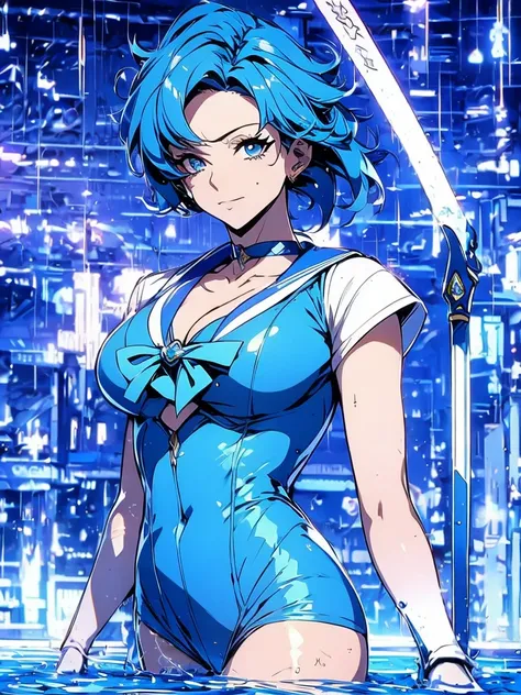 Sailor mercury in full police  suit,long blue hair,Blue Power Ranger, hurricane ,Sexy goth woman big breast, character sheet,inside a pool,High Resolution, Large breasts, cyber samurai,ice swords
￼,blue lips