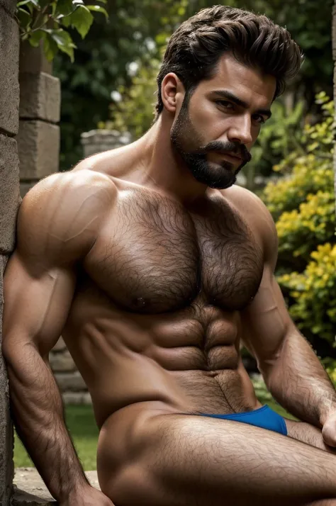 masterpiece, best quality, high resolution, closeup portrait, male focus, solo focus, 2 handsome men,  abrazados with revealing underwear sexy, piernas fuertes y musculosas, gran bulto, bare chest, body hair, facial hair, fornido, very hairy chest, hairy l...