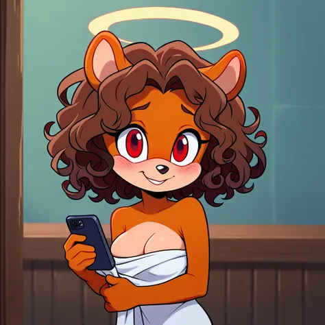 score_9, score_8_up, mobian, hedgehog, two-tone fur ((orange fur, brown fur)), wrapped in towel, medium breasts, two-tone hair (brown hair, black tip)), curly hair, halo, red eyes, longeyelashes, red eyes, smile, shy, blush, holding phone