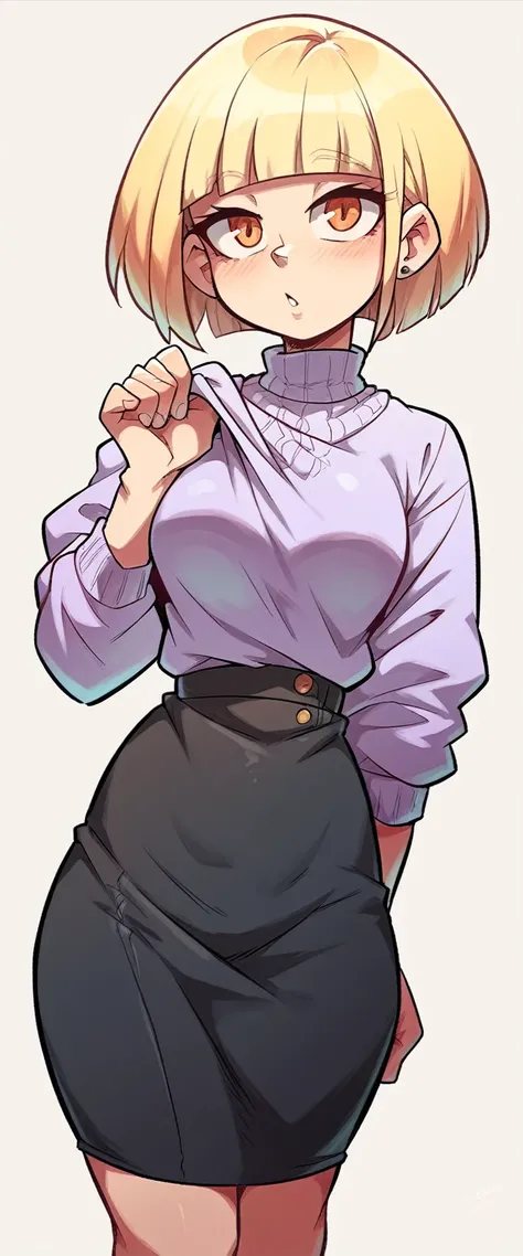 A cute sexy woman beautiful round blonde hair short tousled cut her slanted orange eye wears simple light purple blouse under white sweater and a tight black skirt black heel