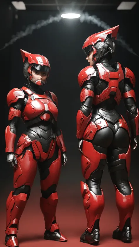 Middle-aged women　Bright red battlesuit　Sexy Eyes　is visible　Full Body Shot　Cute Face　Sweaty　((Eyes can be seen from behind the lens)) Rear View　Steam comes out of the mouth　((Steam comes out of the whole body))