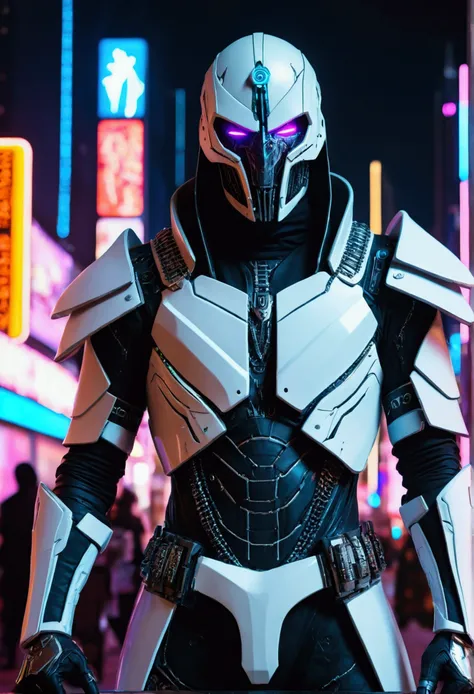 (extremely detailed 8k wallpaper), a medium shot photo of cyberpunk scary Grim dressed as a cybernetic Grim-supervillain in an armour made of white leather from marvel, cyberpunk theme, intricate, high detail, dramatic, neon city lights in the background