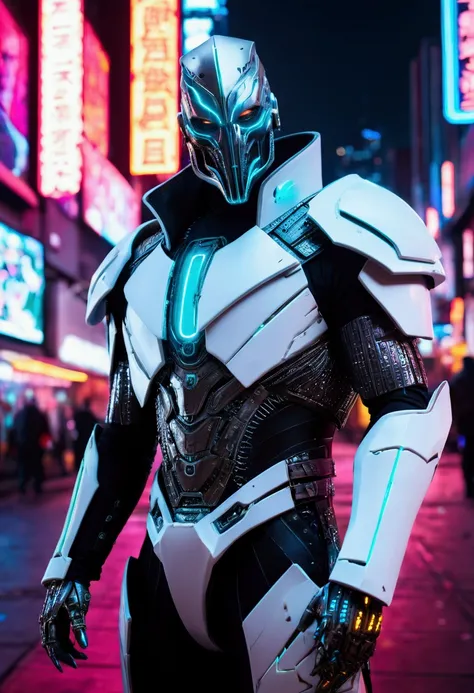 (extremely detailed 8k wallpaper), a medium shot photo of cyberpunk scary Grim dressed as a cybernetic Grim-supervillain in an armour made of white leather from marvel, cyberpunk theme, intricate, high detail, dramatic, neon city lights in the background