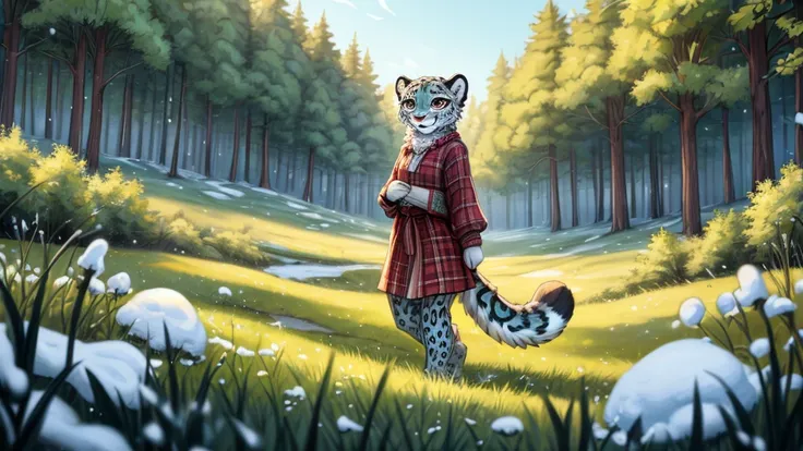 (very detailed illustration: 1.2), best quality, masterpiece, solo, natural lighting, An young anthro female snow leopard with brown eyes, she has snow leopard fur un all her body, she is dressed in casual clothes, she is in an open field, there is green g...