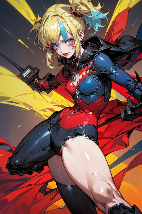 Batleen embodies the legacy of Batman and the redemption of Harley Quinn. In this anime-style design, she wears a combat suit that is predominantly black with dark blue accents and touches of red on the boots and gloves, combining elegance and functionalit...