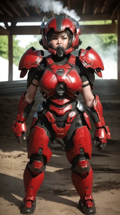 Middle-aged women　Bright red battlesuit　Sexy Eyes　is visible　Full Body Shot　Cute Face　Sweaty　((Eyes can be seen from behind the lens)) Rear View　Steam comes out of the mouth　((Steam comes out of the whole body))