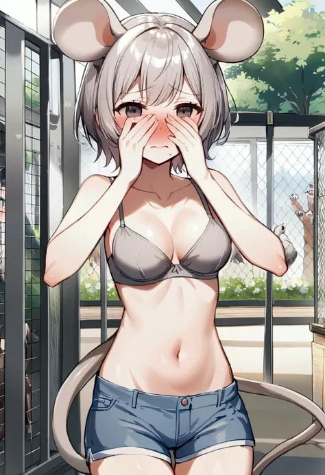 1girl with short grey hair, black eyes, slender body, medium breasts, grey natural mouse ears, natural mouse tail, blush, embarrassed, cover her face, ((((grey bra))), short shorts,zoo aviary