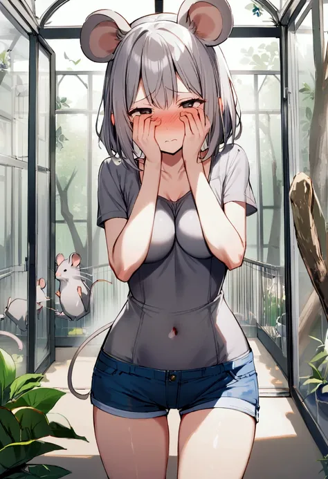 1girl with short grey hair, black eyes, slender body, medium breasts, grey natural mouse ears, natural mouse tail, blush, embarrassed, cover her face, ((((grey bra))), short shorts,zoo aviary