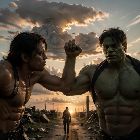 They rock vs Hulk,apocalyptic scene,defiant look at a sunset