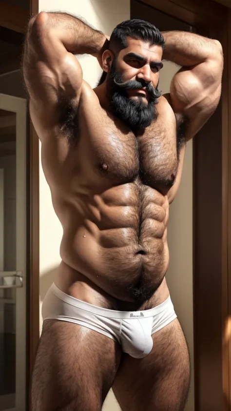 Extremely muscular, very hairy, rugged Arab daddy flexing his arms ((Sweaty)) ((Hairy)) ((Thick, full, curly black body hair all over)) ((Thick, excessive black chest hair)) ((Curly, full chest and torso hair)) ((Thick, full, happy trail of hair all over h...