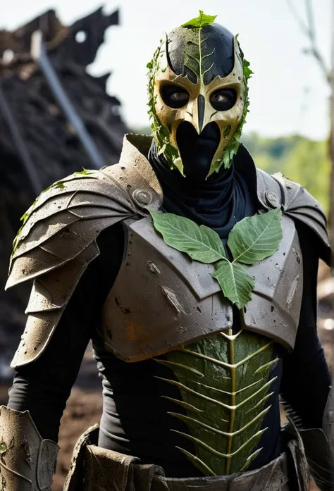 breathtaking cinematic science fiction photo of a portrait of a non human masked Grim dressed as a leaf-supervillain  covered in mud, body full glowing metrics in the armour, glowing  eyes, l metallic arms, standing in front of a destroyed empire , dayligh...