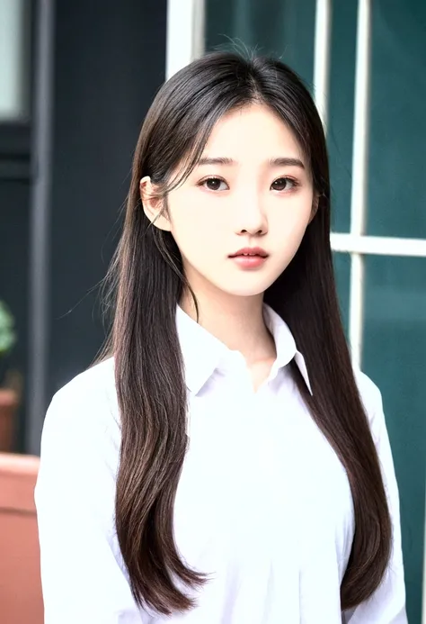 a close-up of a woman with long hair and a white shirt, 1 8 are, 18 year old, 19-year-old girl, xintong chen, korean girl, xision wu, Heonhwa Choe, 22 years old, 21 years old, ulzzang, wenfei ye, young cute pale asian face, lips