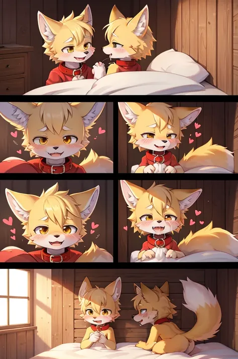 Yellow fox boy and yellow fox girl,Couple,Coupling,Im dating, 4k quality,High resolution, Holding hands,kiss,Drooling, Wearing a red collar,Feelings of love,Cute Face, Dog crying in bed Doghouse life,narrow,They are connected together by a collar lead,I fe...