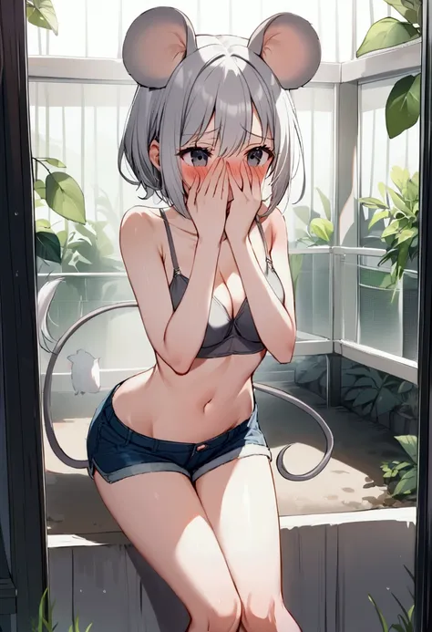 1girl with short grey hair, black eyes, slender body, medium breasts, grey natural mouse ears, natural mouse tail, blush, embarrassed, cover her face, ((((grey bra))), short shorts,zoo aviary