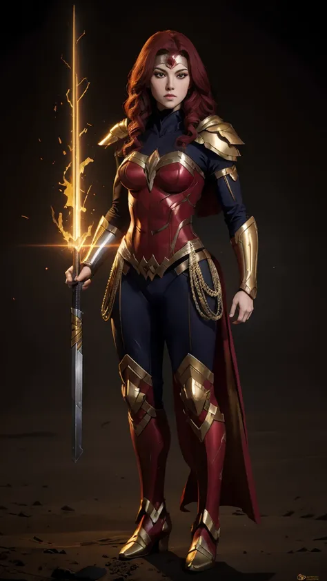 ((full body photo, standing, feet on the ground)) wonder woman a red-haired male warrior with yellow eyes wearing black and gold...