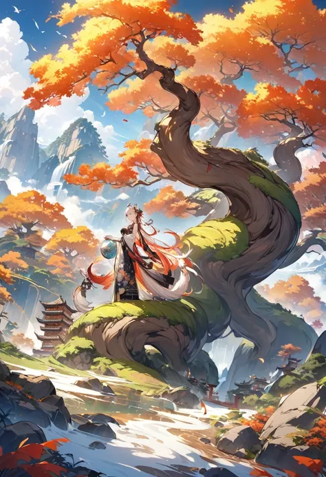 ancient chinese painting，There is a shining phoenix on the plane tree，Fantastic，4Khigh qualityでリアル，mountains， Rios，Auspicious clouds，The feathers are colored，dazzling，The long tail is colorful， Super Detail， A magnificent composition， Hyper HD， high qualit...