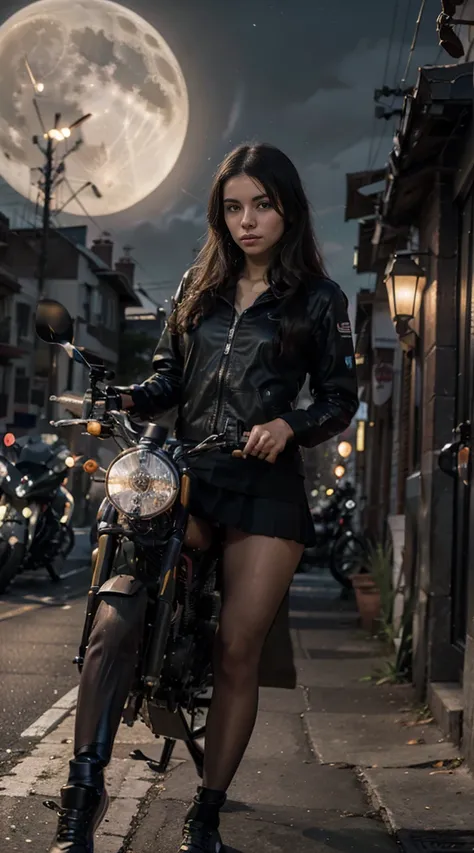 17-year-old Waifu  posando na frente de uma motocicleta futurista, the motorcycle has skulls and blue flames highly detailed 3D graphics, night scenery with full moon in the background, she is wearing a   Uniform with 3D skulls and flames and Sailor Minisk...