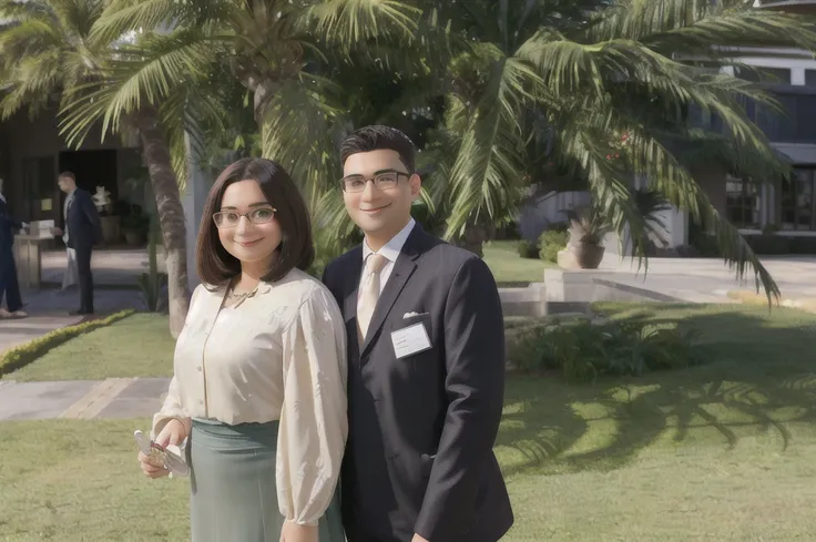 woman and man in formal clothes, smiling, the woman with glasses, with a palm tree in the background and a lawn and people