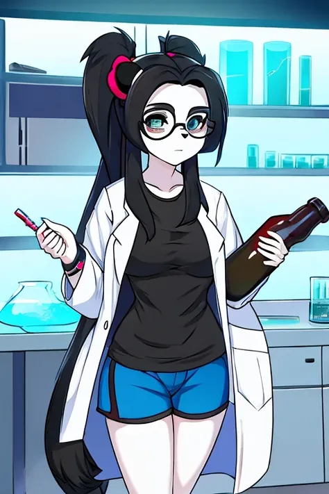 panda woman, long hair in two black pigtails, glasses, lab coat, black shirt, shorts negros, chemical 