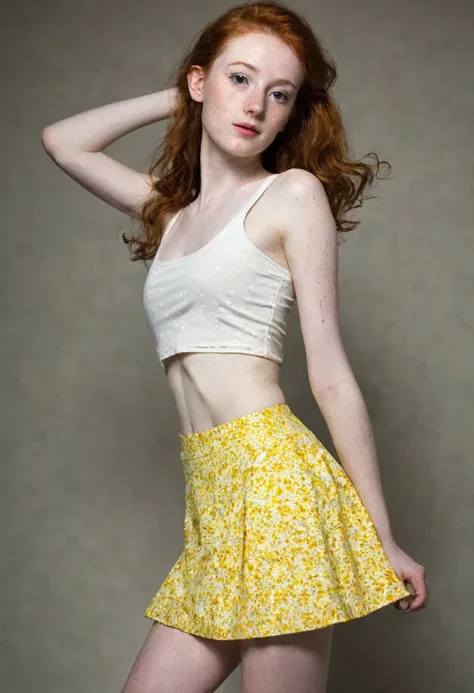 a full body 15 y.o. girl very pale skin full of freckles,hair up, very bulging eyes, ginger hair, very very very thin legs and very very very thin arms,backlighting, very thin face, bulging eyes, pale white skin, very freckled, very thin, very very large p...