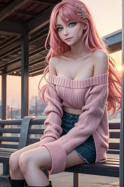 hair ornaments, long hair, wave hair ornaments, blush,pink hair,green eyes, smile,The front of the pink coat is open,white off shoulder sweater,naked neck,bare shoulders,bare clavicle,mini skirt,black  fishnets,short boots,Sitting on a bench in a station,w...