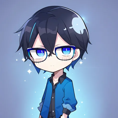 Chibi character, male character, Bblack hair, WITH GLASSES, Blue cold blouse, shining eyes, maya blue eyes, background quarto masculino, closest character