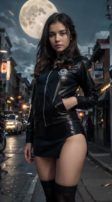 17-year-old Waifu  posando na frente de uma motocicleta futurista, the motorcycle has skulls and blue flames highly detailed 3D graphics, night scenery with full moon in the background, she is wearing a  Uniform with 3D skulls and flames and Sailor Miniski...