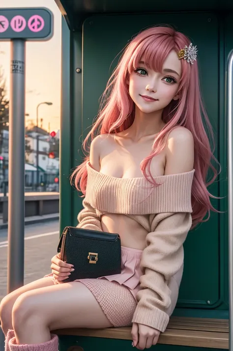 hair ornaments, long hair, wave hair ornaments, blush,pink hair, emerald green eyes, smile,The front of the pink coat is open,white off shoulder sweater,naked neck,bare shoulders,bare clavicle,mini skirt,black  fishnets,short boots,Sitting on a bench in a ...