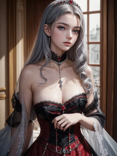 (best quality,ultra realist:1.2),A high resolution ,ultra detail, a young French courtesan of the fourteenth century, 16yo, beautiful woman in exquisite black and red costume ,Fine jewelry, like pearls and rubies. pale skin, Curly silver hair with small st...