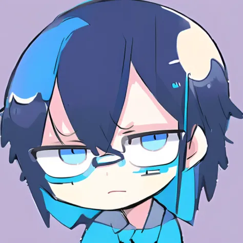 Chibi character, male character, Bblack hair, WITH GLASSES, Blue cold blouse, shining eyes, maya blue eyes, background quarto masculino, closest character