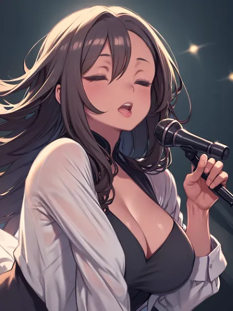 One Mature Woman、Brown Skin、Strong wavy hair、Long Hair、Long eyelashes、Thick lips、Black Dress、Cleavage、Huge breasts、Upper Body、singer、Opera singer、Singing under the spotlight、Open your mouth、Close ~ eyes、