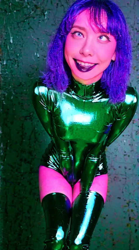 Purple and black tight latex high leg leotard、Tight and protruding nipples、Wicked Smile、Black and purple tight latex leotard、Hollow Eyes、Euphoric、Very dark black makeup、Jet black lipstick、Legs spread in an M shape、Abandoned factory in the suburbs、Latex lon...