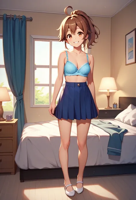 delia, brown eyes, brown hair, ponytail, ahoge, cute blue bra,blue short skirt, white flats, looking at viewer, smiling, standing, full body shot, inside cozy bedroom, large bed, lamp, high quality, masterpiece, 