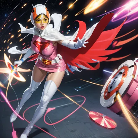 ANI_CLASSIC_jun_gatchaman_ownwaifu,1girl, 15yo,good anatomy, masterpiece, best quality,realistic, hyper realistic, 16k hdr, long hair,breasts,lips,large breasts,lipstick,makeup,gloves,cape,helmet,belt,elbow gloves,white gloves,mask,ultra miniskirt,leotard,...