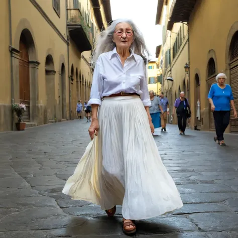 old woman with a long white hairs walk in florence, she dress a white shirt and long  cjhecked skirt, shes tired, shes old woman, she  is serene, shes funny ,