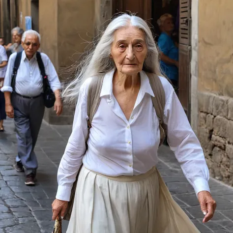 old woman with a long white hairs walk in florence, she dress a white shirt and long  cjhecked skirt, shes tired, shes old woman, she  is serene, shes funny ,