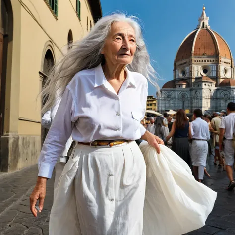 old woman with a long white hairs walk in florence, she dress a white shirt and long  cjhecked skirt, shes tired, shes old woman, she  is serene, shes funny ,