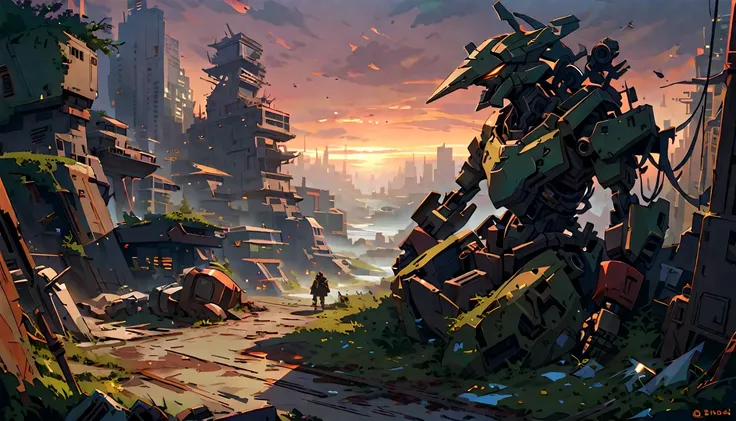 mecha ,winter, dark, dusk,cracked  broken robot, an abandoned old rusty mech, an overgrown , frame weathered and worn, detailed,...