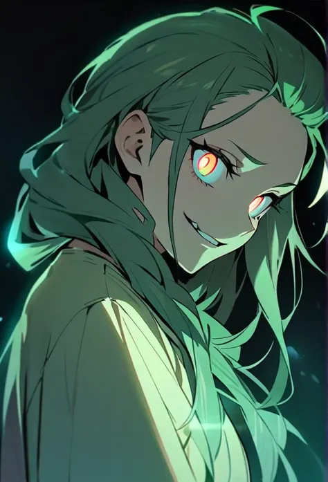 Handsome, solo, 1 girl, light green hair, cyan eyes, 1 girl, beautiful, long hair, detailed, Hair Slicked Back, Messy Hair, Hair Over Shoulder, Glowing Light, Bright Pupils, Smirk, Wide-Eyed, Evil Smile, Amber Eyes, 