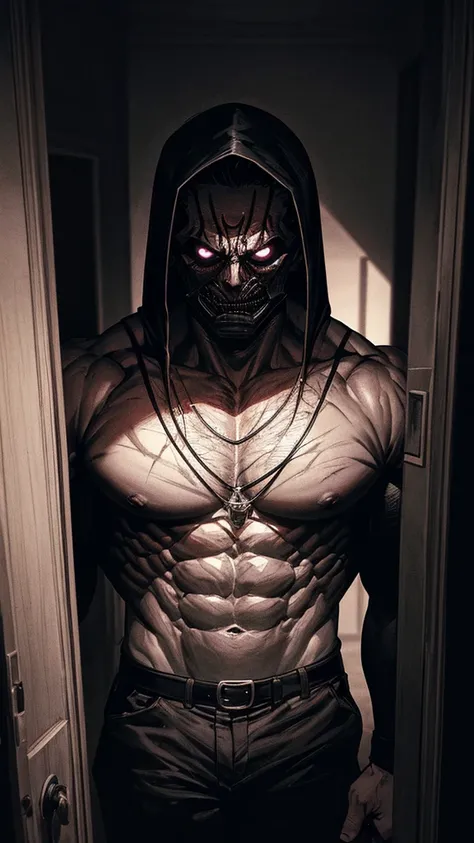 a strong man with defined physique, horror mask, macabre shirtless smile, holding a knife, standing in doorway of room at night, horror movie style illustration, dark moody lighting, dramatic shadows, highly detailed, cinematic, hyper realistic, chiaroscur...