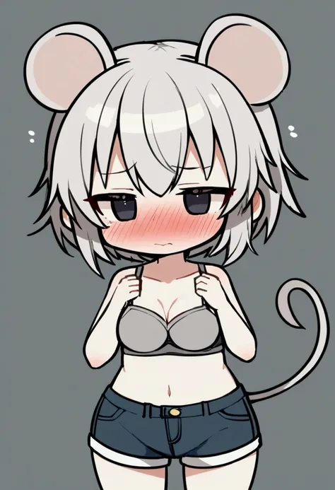 1girl with short grey hair, black eyes, slender body, medium breasts, grey natural mouse ears, natural mouse tail, blush, embarrassed, , ((((grey bra))), short shorts, chibi style, simple background