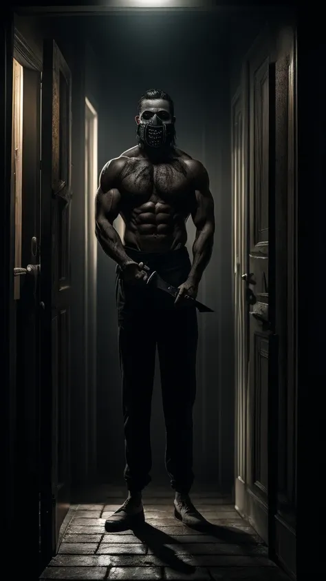 a strong man with defined physique, horror mask, macabre shirtless smile, holding a knife, standing in doorway of room at night, horror movie style illustration, dark moody lighting, dramatic shadows, highly detailed, cinematic, hyper realistic, chiaroscur...