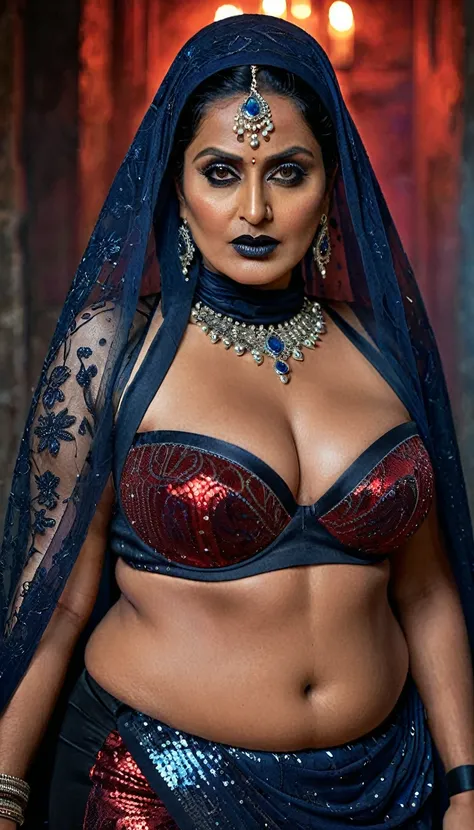 Looks like Roopa Ganguly, full body Closeup shot, Big chubby aunty, milf, cougar lady witch, horny Gothic milf,  80 years old gorgeous mature lady, pervert demoness, demoness of lust, curvy, black lips, horny face, extremely gorgeous, thick figure, heavy p...