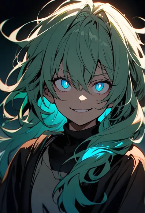 Handsome, solo, 1 girl, light green hair, cyan blue eyes, 1 girl, beautiful, long hair, detailed, Messy Hair, Hair Over Shoulder, Glowing Light, Bright Pupils, Smirk, Wide-Eyed, Evil Smile, Amber Eyes, 