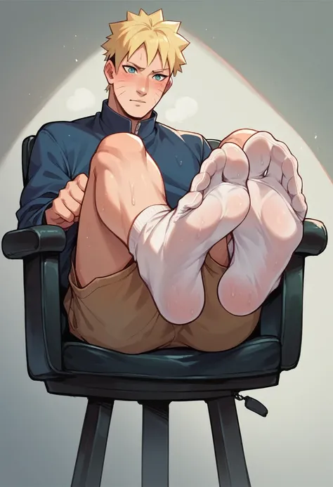 Anime boy Naruto very wet sweaty white socks scrunching his soles under chair showing his feet soles so very close to the camera