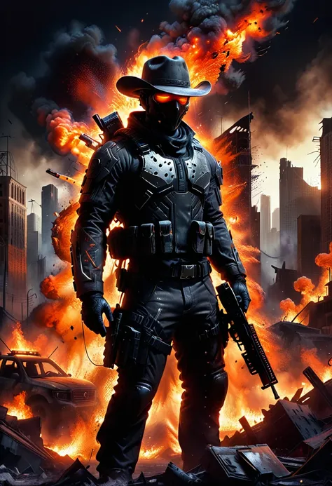 STAR15 Mod, (masterpiece), (Best quality), (ultra detailed), (best illustration),(best shadow), I look at the viewer, cowboy shot, fiery destroyed city background, tactical equipment, tactical bags, (mask:0.8), tactical armor, Assault rifle, gun in holster...