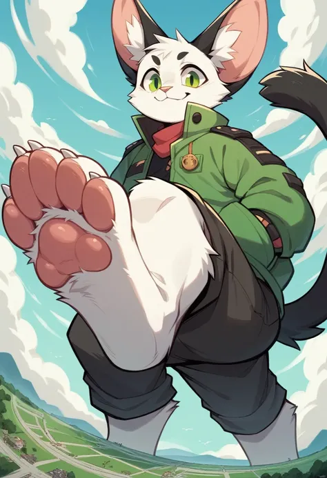 anthro, cat, white fur, green eyes, green jacket, big ears, black tail tip, furry, looking down, Viewers look at, Viewer looks up, smiling, above standing, Macro, Fußfocus, alone, good lighting, Focus on feet, raised foot, Focus on the bottom of the foot, ...