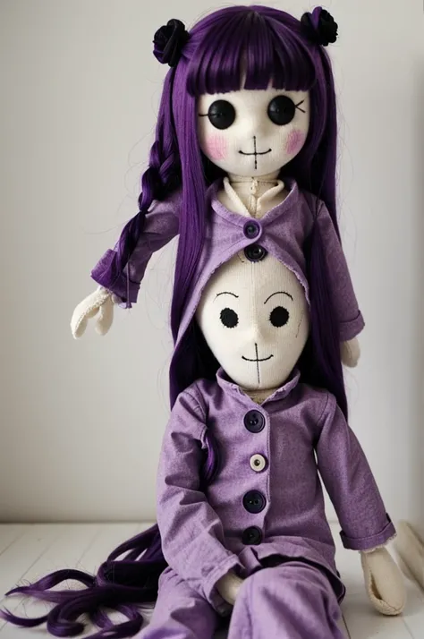 Horrible rag doll with half of its body burned, purple hair and button eyes 